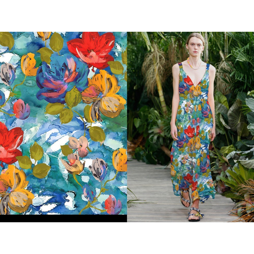 ผ้าเรยอนซาติน สีสด ผ้าพิมพ์ ลวดลายศิลป์ หน้ากว้าง 58' เนื้อผ้านุ่มลื่น ใส่สบาย ขนาด 1 เมตร พร้อมส่ง