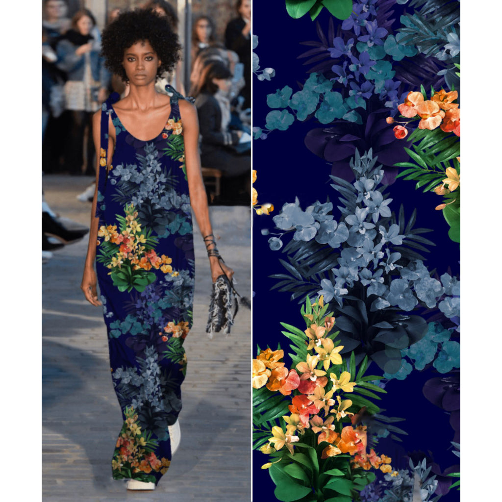 ผ้าเรยอนซาติน สีสด ผ้าพิมพ์ ลายใบไม้ใหญ่ หน้ากว้าง 58' RAYON SATIN FABRIC